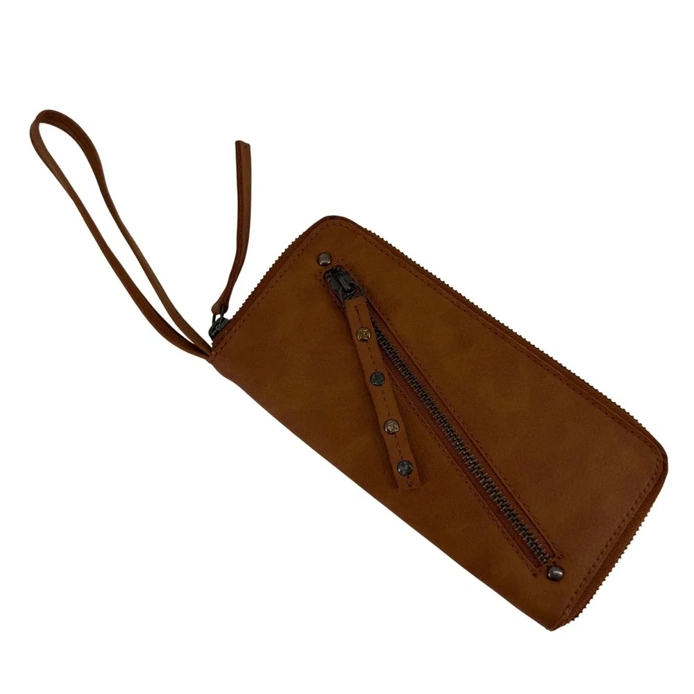 NWOT Free People Vegan Leather Wristlet Zip Wallet Cognac Brown Studded Boho‎